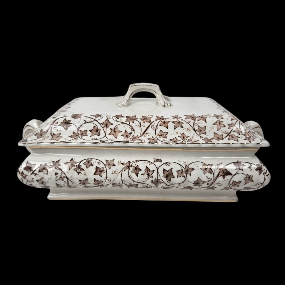 Antique Adamantine Transferware Vegetable Dish Covered Ivy Brown Casserole Lid